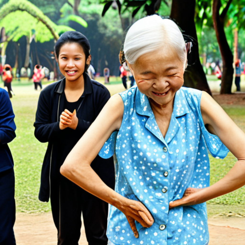 **

*Prompt:* A group of young Vietnamese friends playfully doing the "Shy Shy Shy" dance in a park, one elderly person in the background doing the dance unintentionally.

**